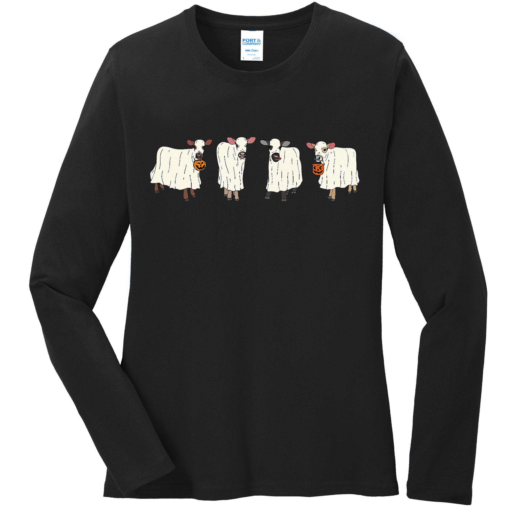 Funny Halloween Ghost Cows Trick Or Treat Cow Lover Ladies Long Sleeve Shirt