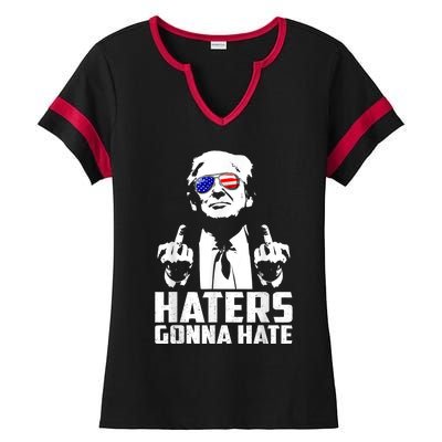 Funny Haters Gonna Hate President Donald Trump Middle Finger Ladies Halftime Notch Neck Tee