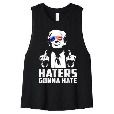 Funny Haters Gonna Hate President Donald Trump Middle Finger Women's Racerback Cropped Tank