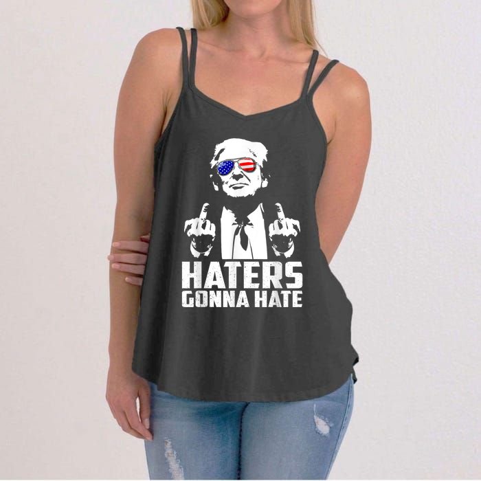 Funny Haters Gonna Hate President Donald Trump Middle Finger Women's Strappy Tank