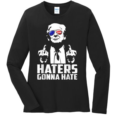 Funny Haters Gonna Hate President Donald Trump Middle Finger Ladies Long Sleeve Shirt