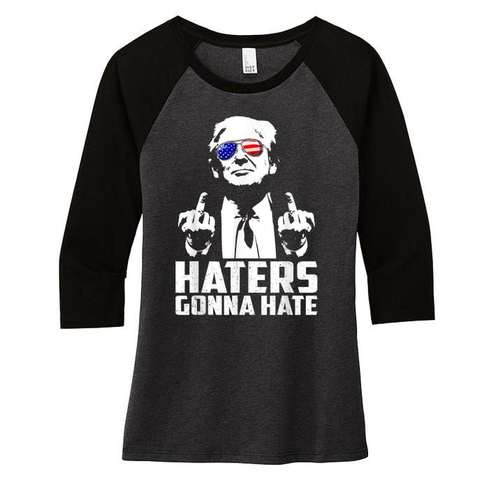 Funny Haters Gonna Hate President Donald Trump Middle Finger Women's Tri-Blend 3/4-Sleeve Raglan Shirt