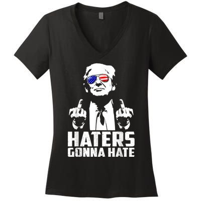 Funny Haters Gonna Hate President Donald Trump Middle Finger Women's V-Neck T-Shirt