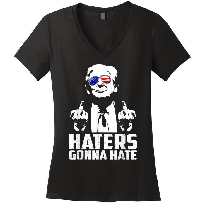 Funny Haters Gonna Hate President Donald Trump Middle Finger Women's V-Neck T-Shirt