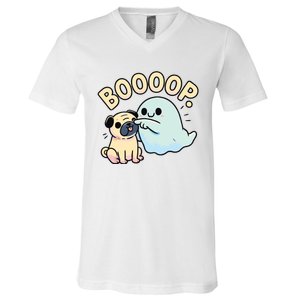 Funny Halloween Ghost Pug Boop Silly Puppy Dog Humor V-Neck T-Shirt