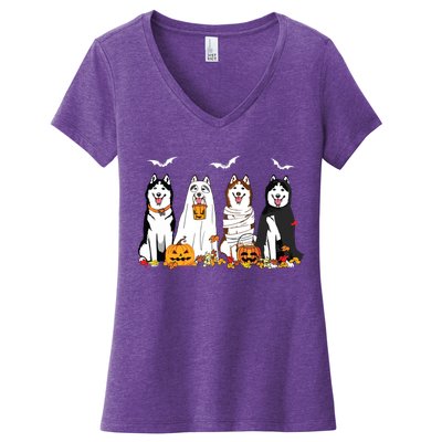 Funny Husky Ghost Dogs Halloween Husky Dog Mom Husky Lover Women's V-Neck T-Shirt