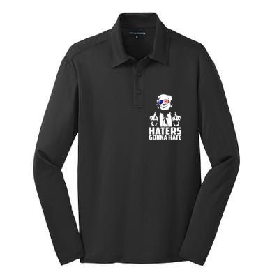 Funny Haters Gonna Hate President Donald Trump Middle Finger Silk Touch Performance Long Sleeve Polo