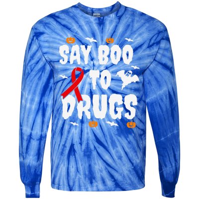 Funny Halloween Gift Say Boo To Drugs Awareness Red Ribbon Tie-Dye Long Sleeve Shirt