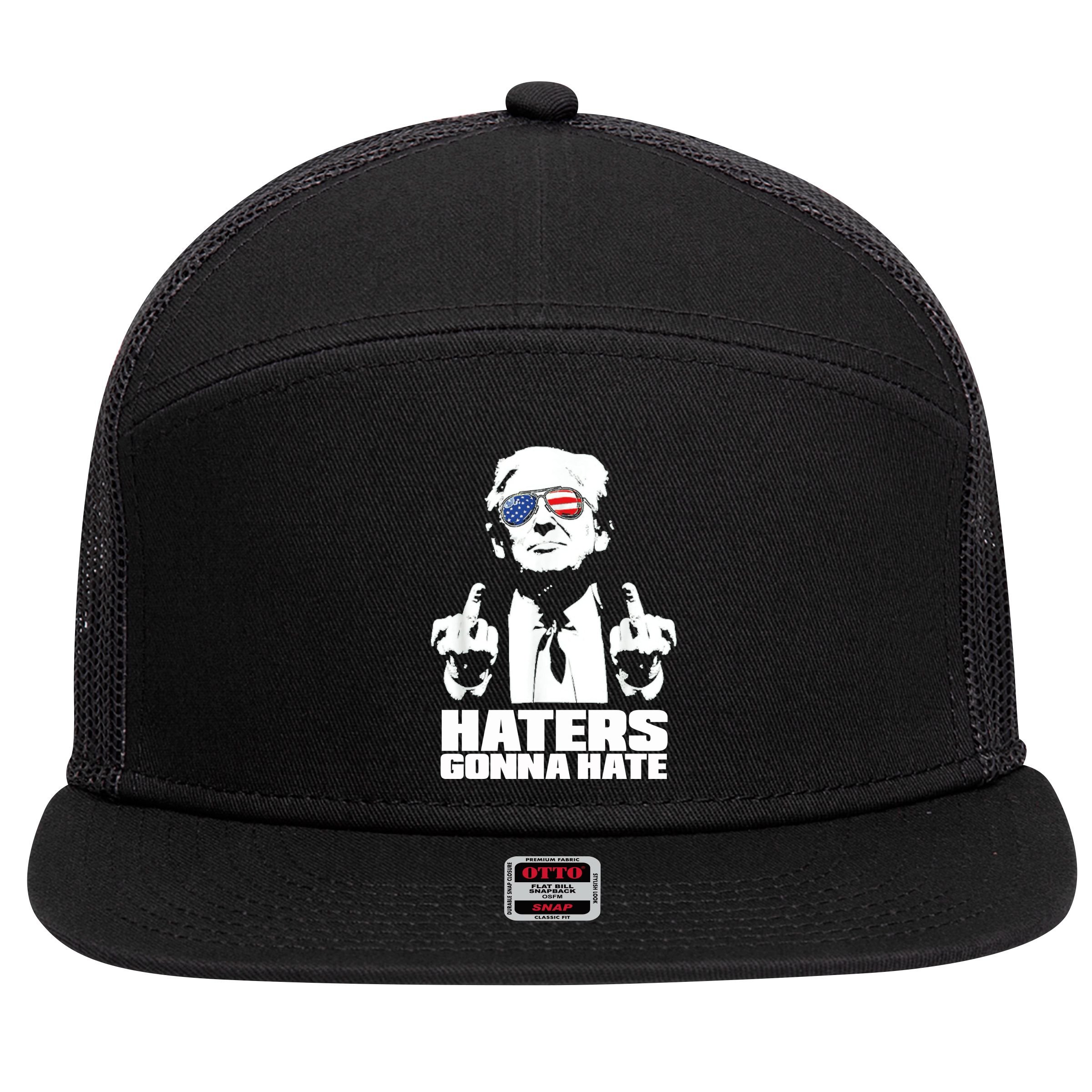 Funny Haters Gonna Hate President Donald Trump Middle Finger 7 Panel Mesh Trucker Snapback Hat