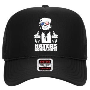 Funny Haters Gonna Hate President Donald Trump Middle Finger High Crown Mesh Back Trucker Hat