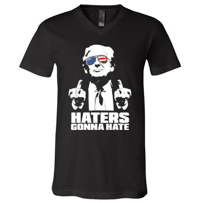 Funny Haters Gonna Hate President Donald Trump Middle Finger V-Neck T-Shirt