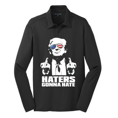 Funny Haters Gonna Hate President Donald Trump Middle Finger Silk Touch Performance Long Sleeve Polo