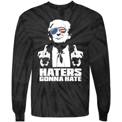 Funny Haters Gonna Hate President Donald Trump Middle Finger Tie-Dye Long Sleeve Shirt