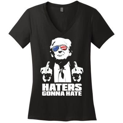 Funny Haters Gonna Hate President Donald Trump Middle Finger Women's V-Neck T-Shirt