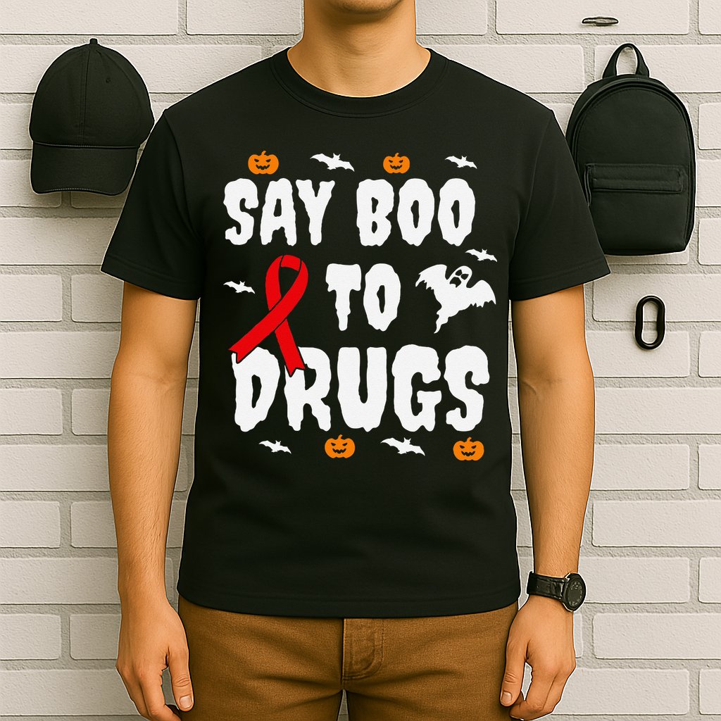Funny Halloween Gift Say Boo To Drugs Awareness Red Ribbon T-Shirt