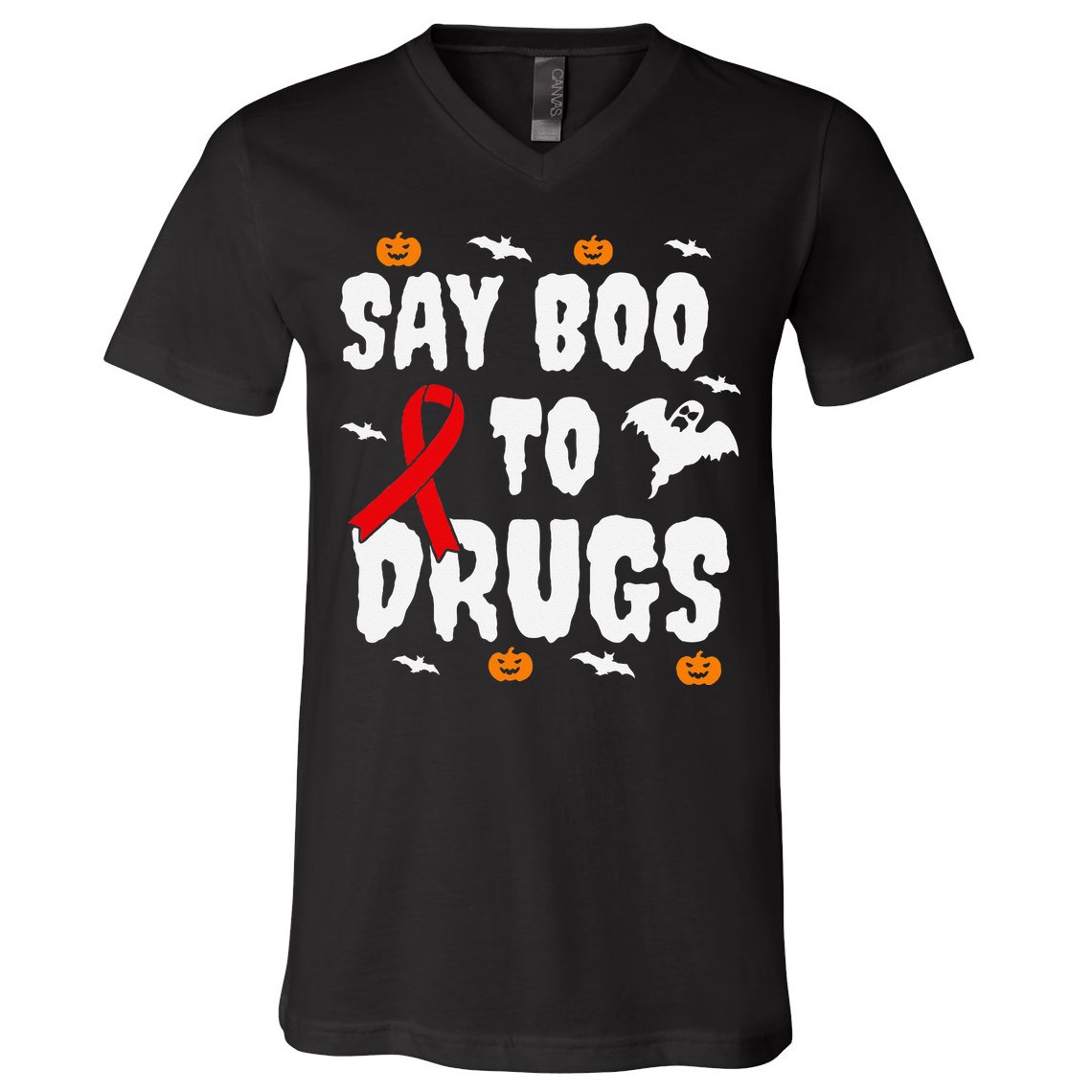 Funny Halloween Gift Say Boo To Drugs Awareness Red Ribbon V-Neck T-Shirt
