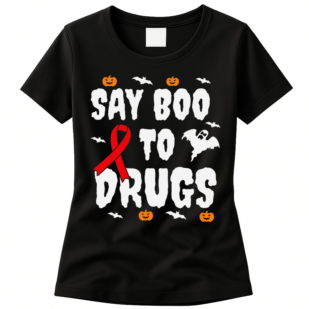 Funny Halloween Gift Say Boo To Drugs Awareness Red Ribbon Womens T-Shirt