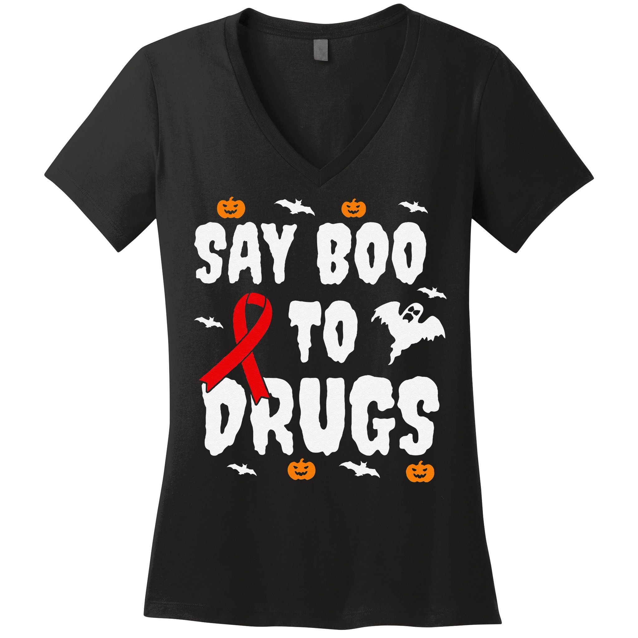 Funny Halloween Gift Say Boo To Drugs Awareness Red Ribbon Women's V-Neck T-Shirt