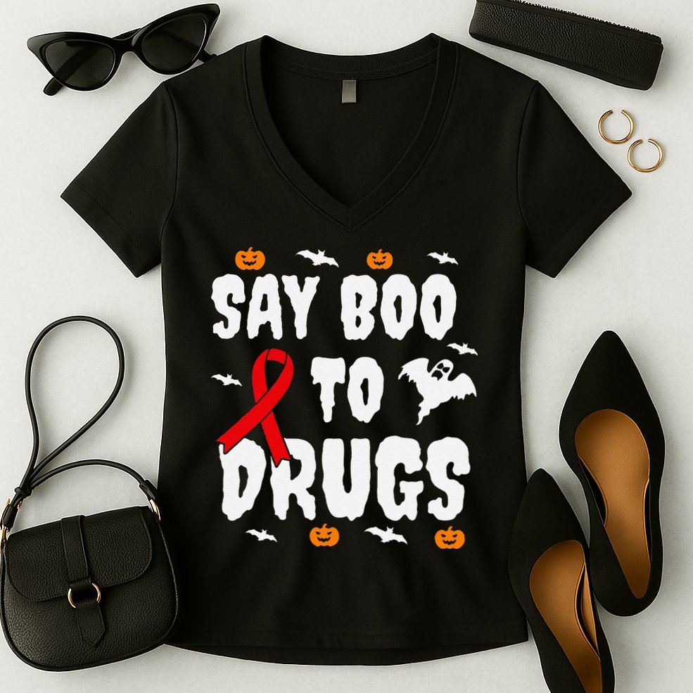 Funny Halloween Gift Say Boo To Drugs Awareness Red Ribbon Women's V-Neck T-Shirt