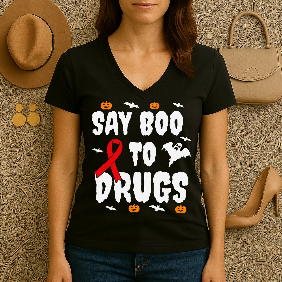 Funny Halloween Gift Say Boo To Drugs Awareness Red Ribbon Women's V-Neck T-Shirt