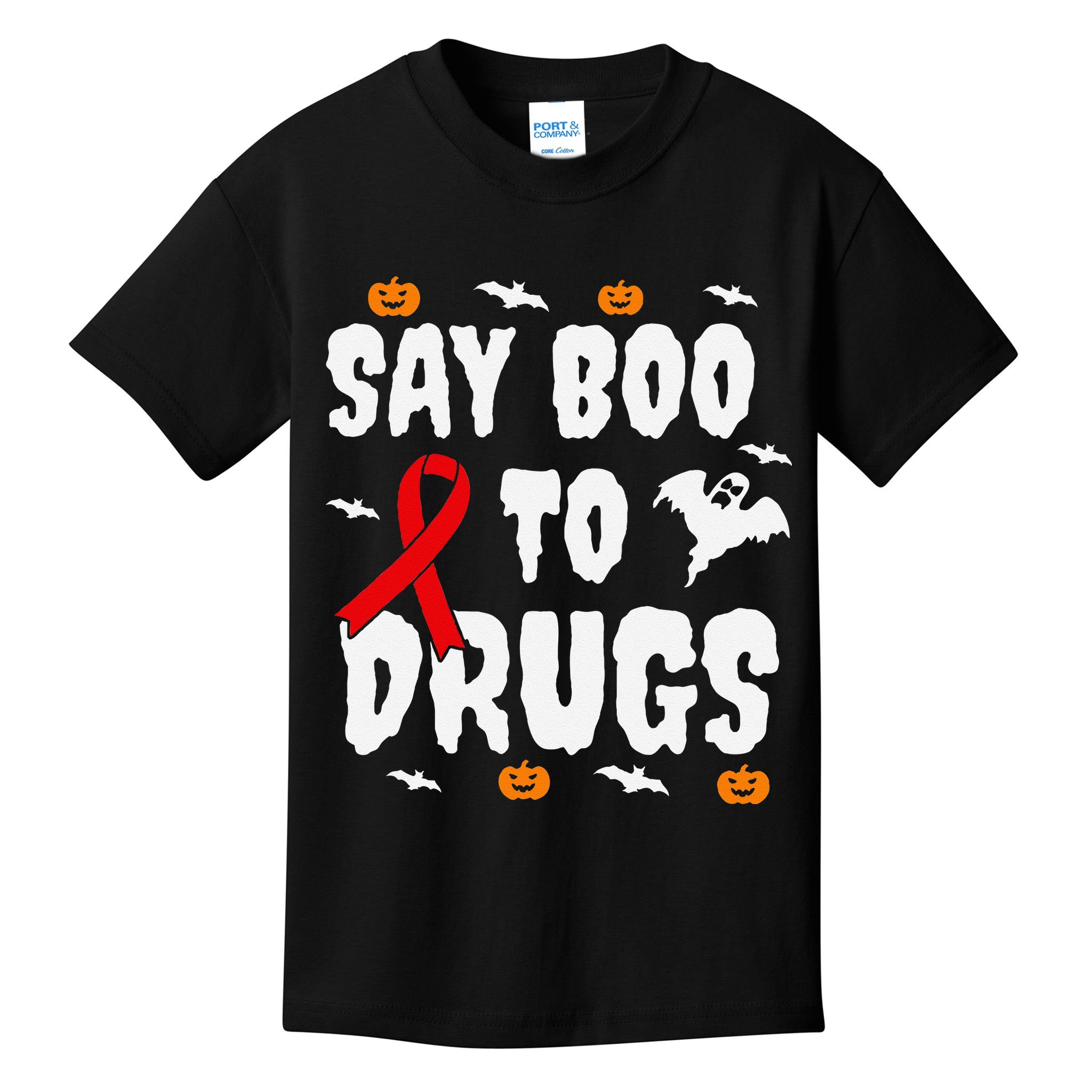 Funny Halloween Gift Say Boo To Drugs Awareness Red Ribbon Kids T-Shirt