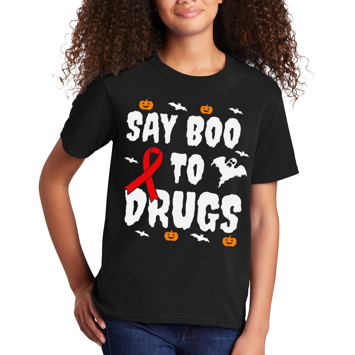 Funny Halloween Gift Say Boo To Drugs Awareness Red Ribbon Kids T-Shirt