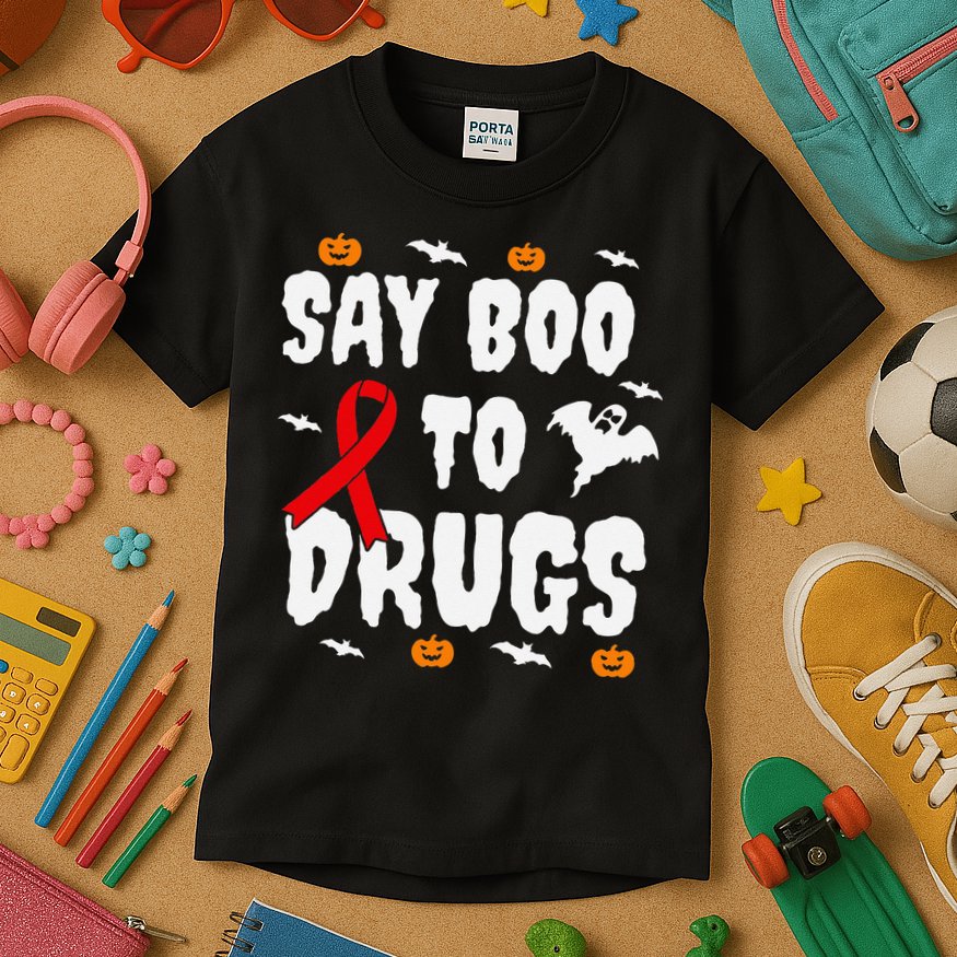 Funny Halloween Gift Say Boo To Drugs Awareness Red Ribbon Kids T-Shirt