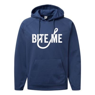 Funnyfish Hook Graphic Fishing Gift For Dad Bite Me Gift Performance Fleece Hoodie