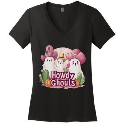 Funny Howdy Ghouls Ghost Halloween Spooky Team Women's V-Neck T-Shirt