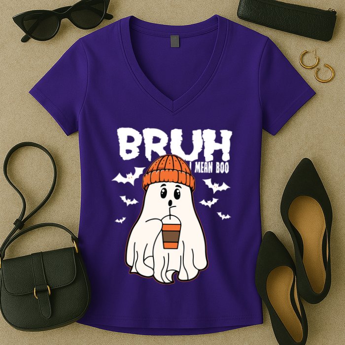 Funny Halloween Ghost Bruh I Mean Boo Women's V-Neck T-Shirt