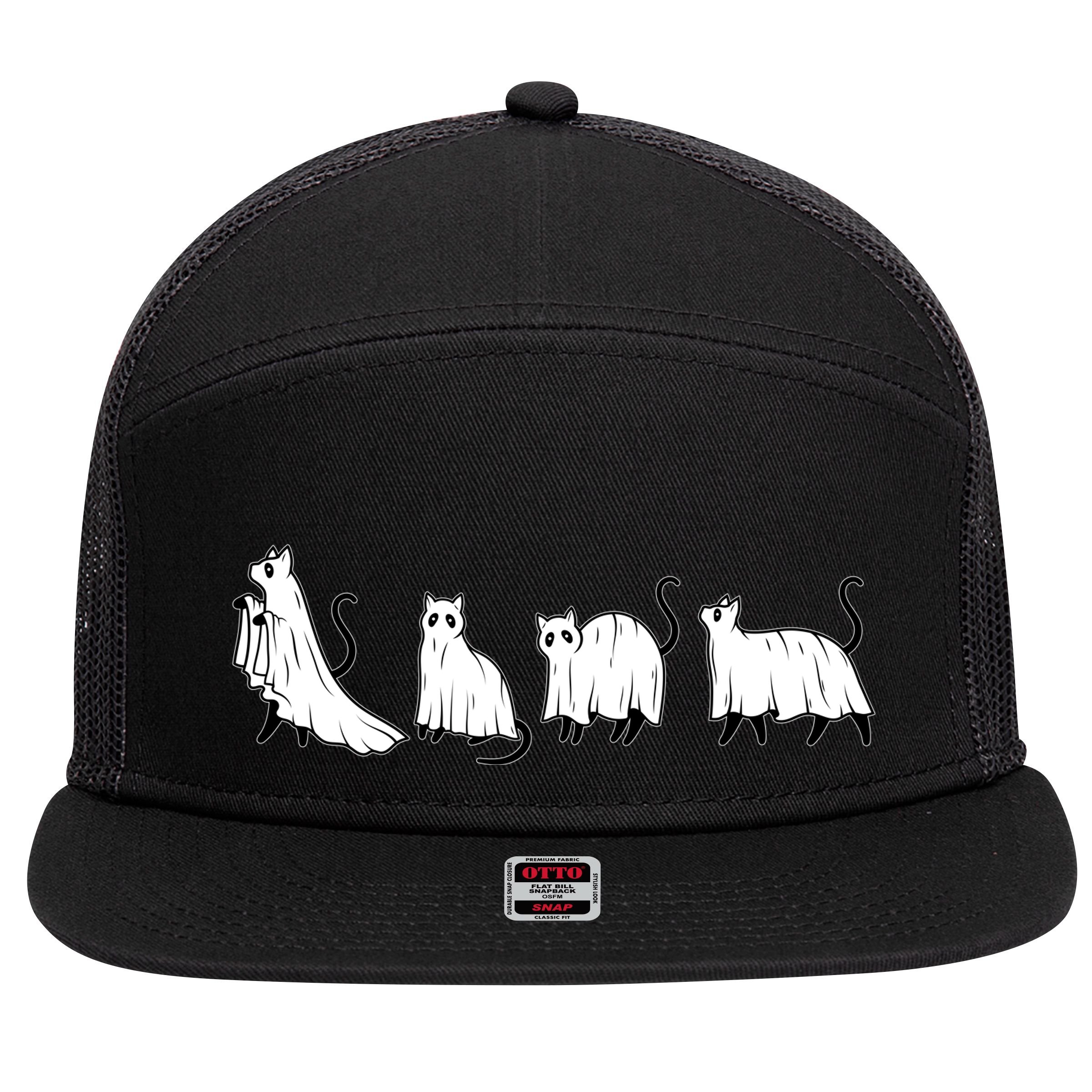 Funny Halloween Ghost Cats 7 Panel Mesh Trucker Snapback Hat