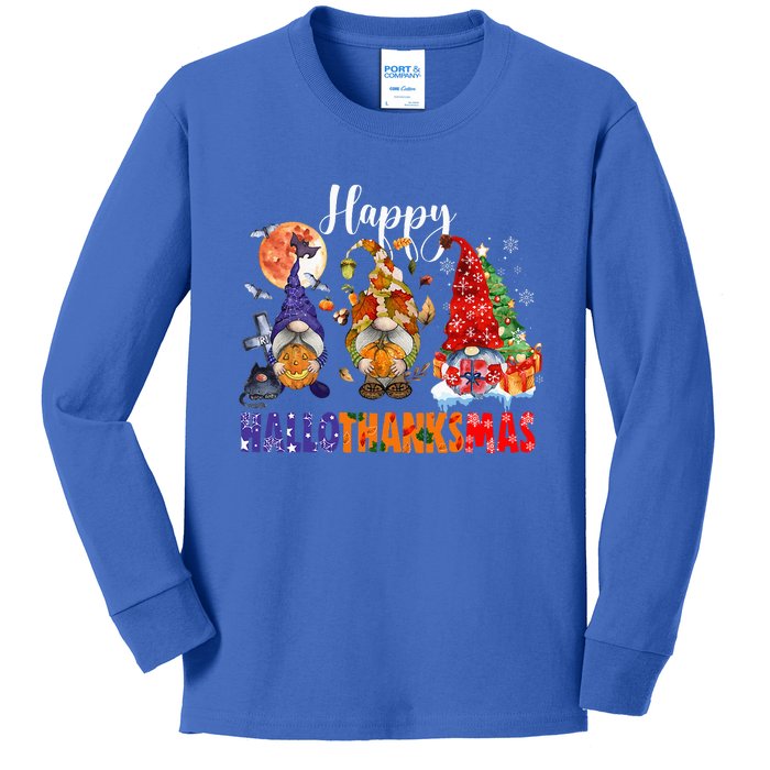 Festive HalloThanksMas Gnomes Spooky Holiday Decor Kids Long Sleeve Shirt