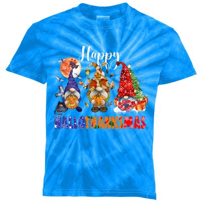 Festive HalloThanksMas Gnomes Spooky Holiday Decor Kids Tie-Dye T-Shirt