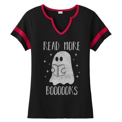 Funny Halloween Ghost Reading Book Spooky and Adorable Ladies Halftime Notch Neck Tee