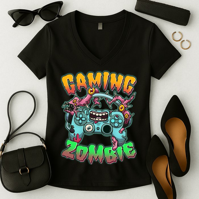Funny Halloween Gaming Zombie Game Controller Women's V-Neck T-Shirt
