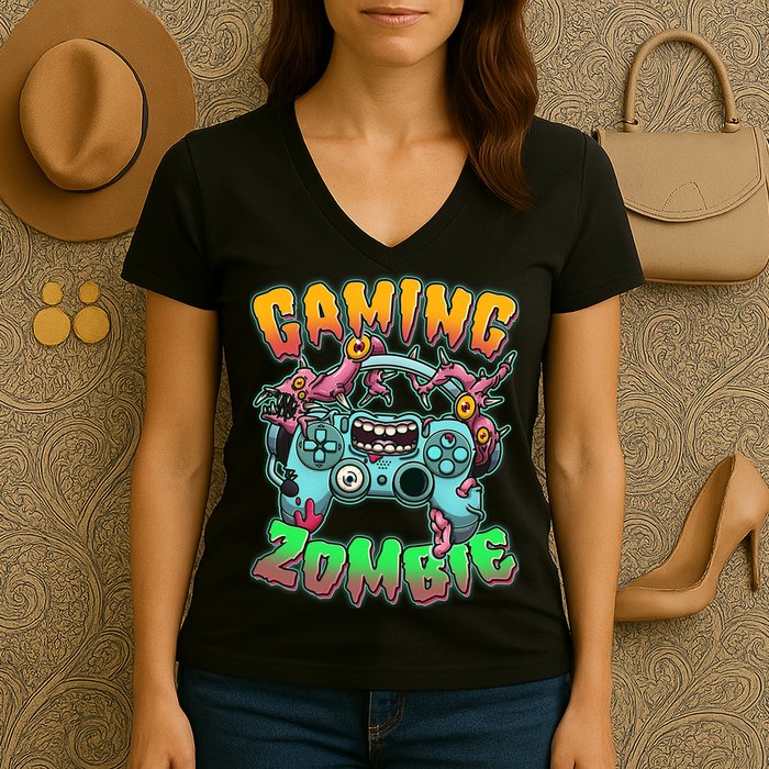 Funny Halloween Gaming Zombie Game Controller Women's V-Neck T-Shirt