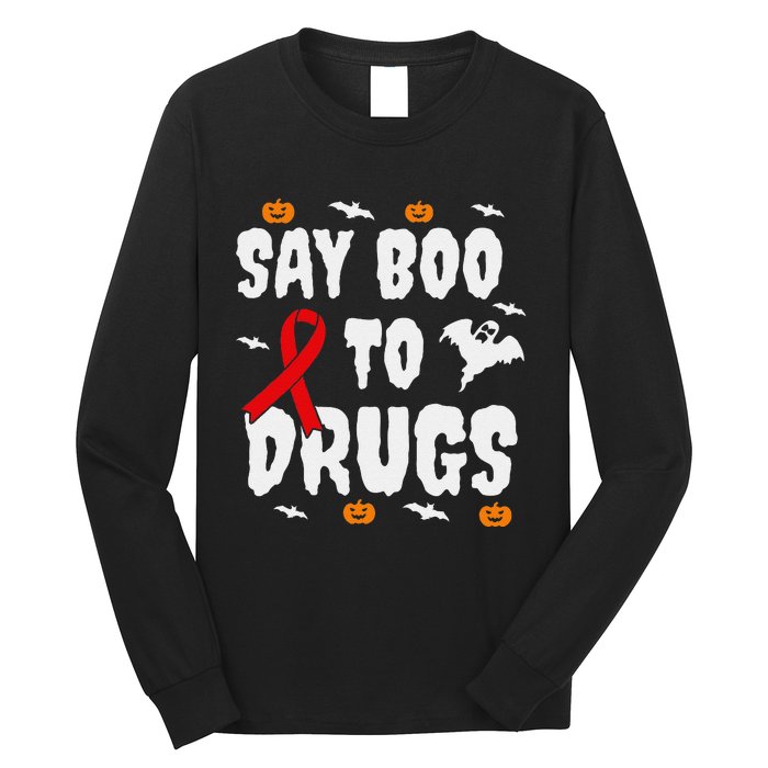 Funny Halloween Gift Say Boo To Drugs Awareness Red Ribbon Long Sleeve Shirt