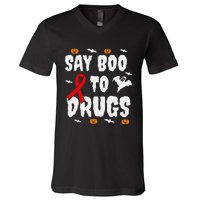 Funny Halloween Gift Say Boo To Drugs Awareness Red Ribbon V-Neck T-Shirt