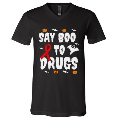 Funny Halloween Gift Say Boo To Drugs Awareness Red Ribbon V-Neck T-Shirt