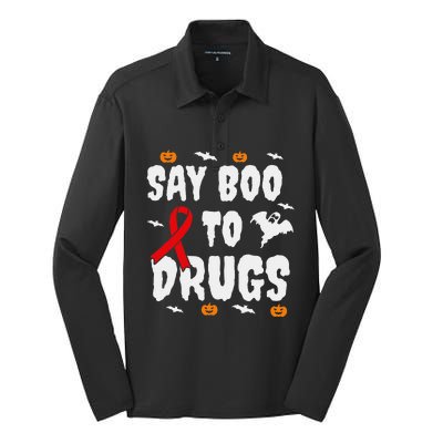 Funny Halloween Gift Say Boo To Drugs Awareness Red Ribbon Silk Touch Performance Long Sleeve Polo