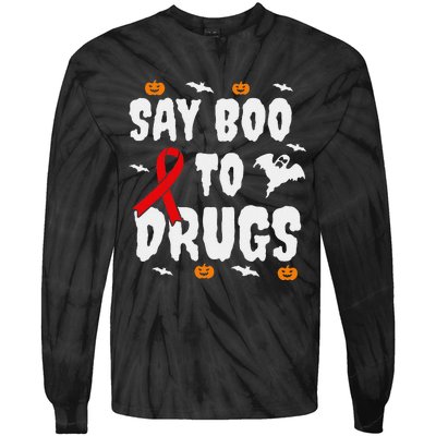 Funny Halloween Gift Say Boo To Drugs Awareness Red Ribbon Tie-Dye Long Sleeve Shirt