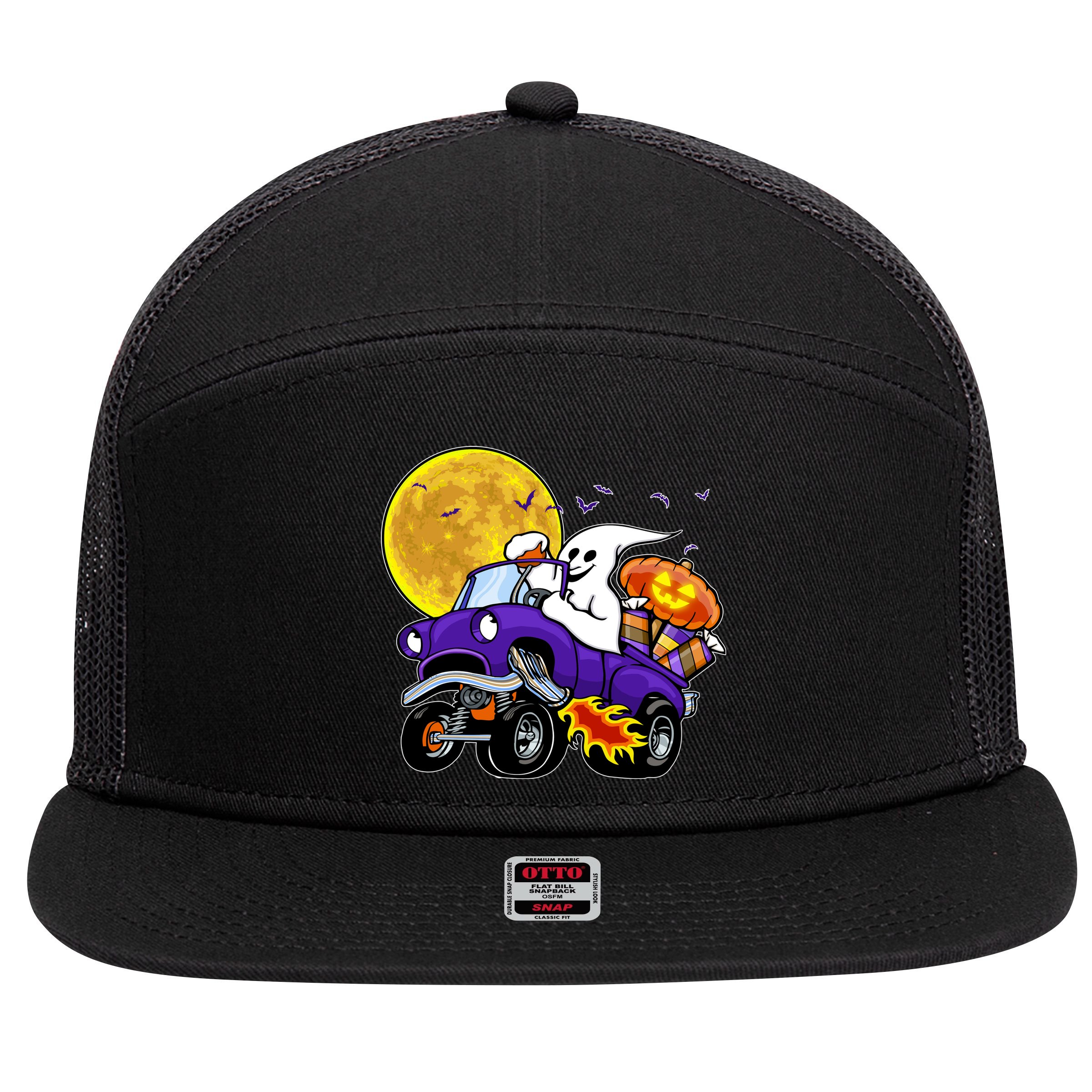 Funny Halloween Ghost Muscle Car 7 Panel Mesh Trucker Snapback Hat