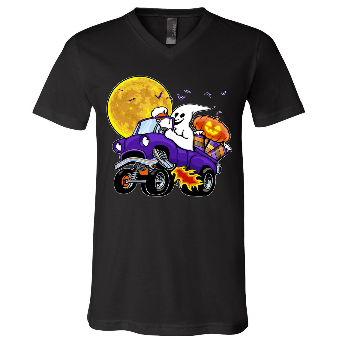 Funny Halloween Ghost Muscle Car V-Neck T-Shirt