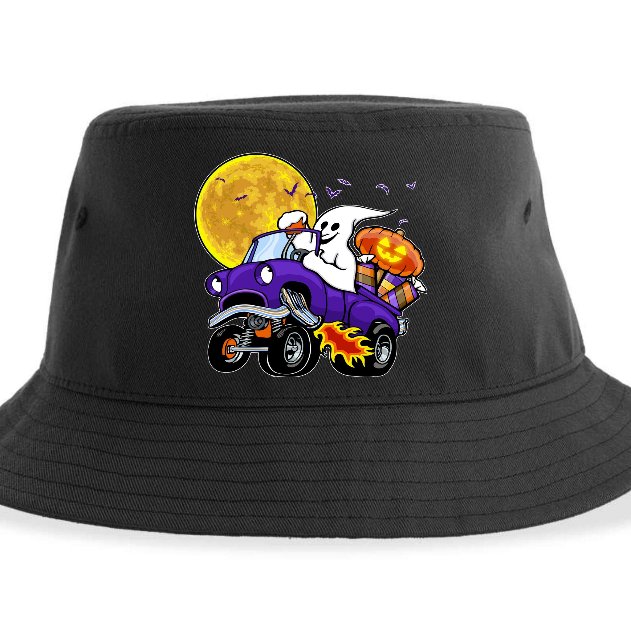 Funny Halloween Ghost Muscle Car Sustainable Bucket Hat