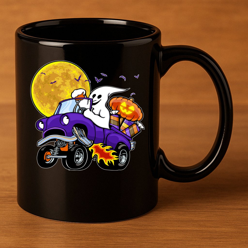 Funny Halloween Ghost Muscle Car 11oz C Handle Ceramic Mug