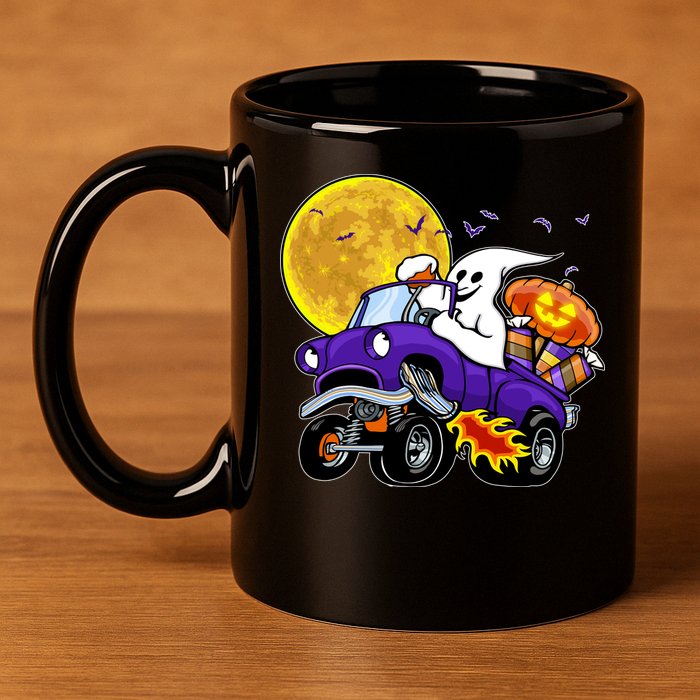 Funny Halloween Ghost Muscle Car 11oz C Handle Ceramic Mug