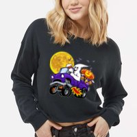 Funny Halloween Ghost Muscle Car Cropped Pullover Crew