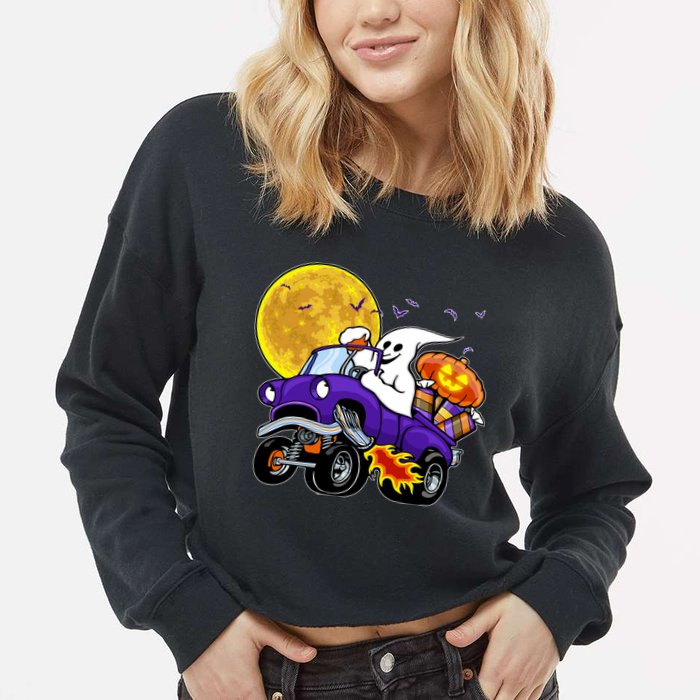 Funny Halloween Ghost Muscle Car Cropped Pullover Crew