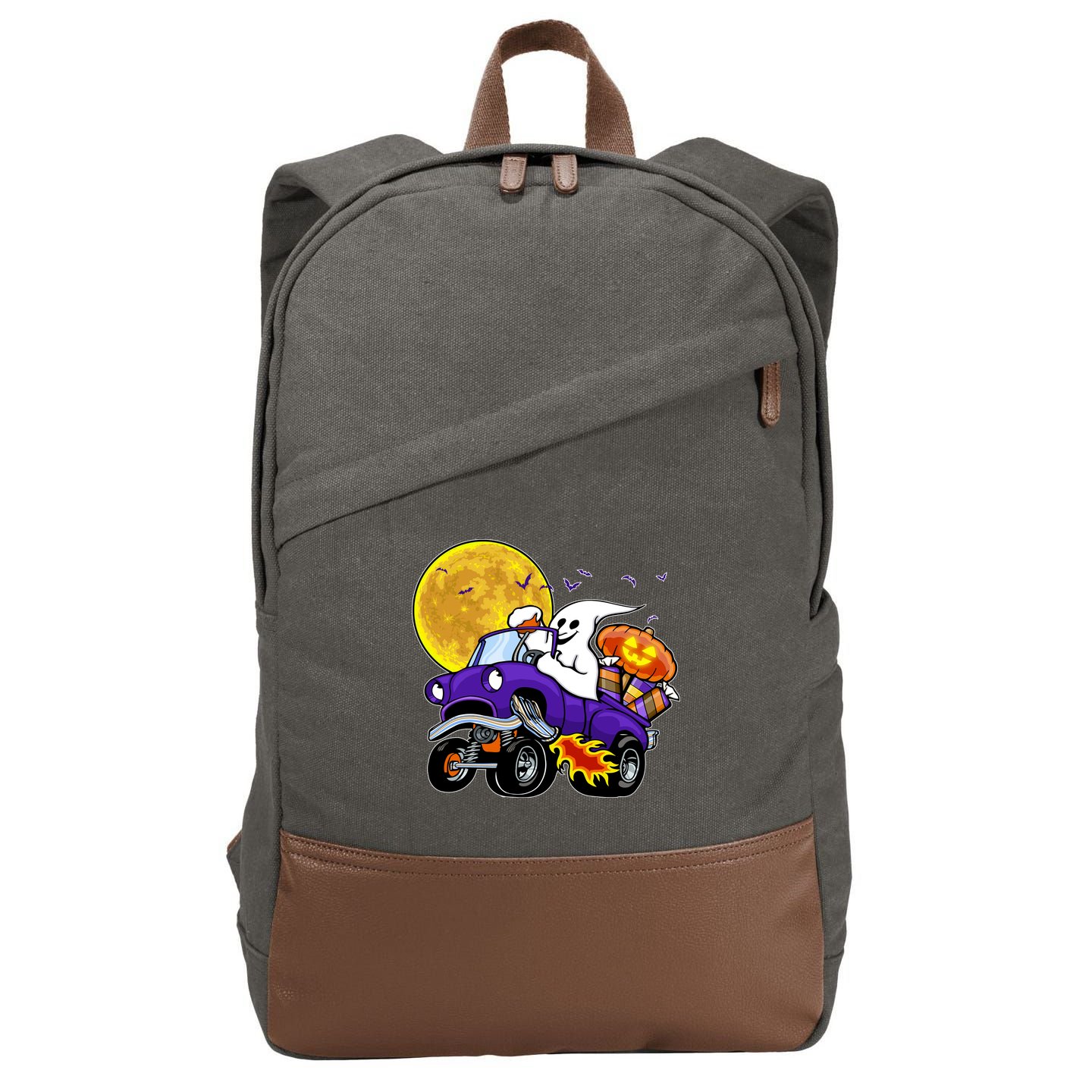 Funny Halloween Ghost Muscle Car Cotton Canvas Backpack