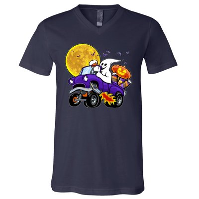 Funny Halloween Ghost Muscle Car V-Neck T-Shirt